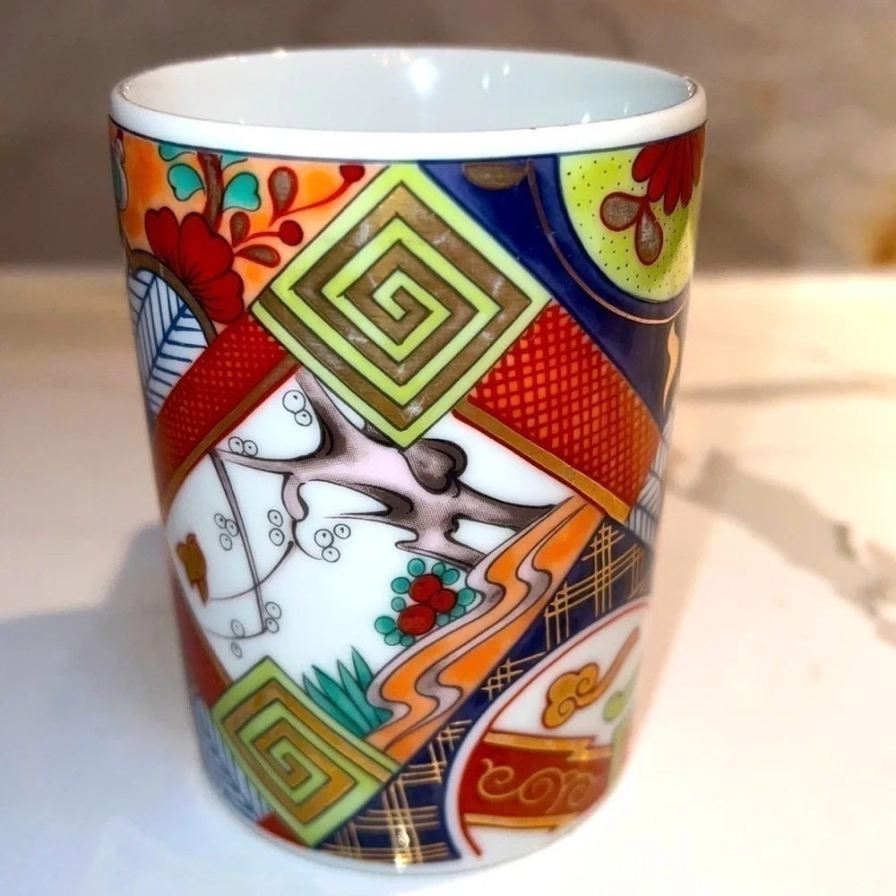 Neiman Marcus Imari Japan Tea Cup Mug Vintage Asian Decor Floral and Geometric